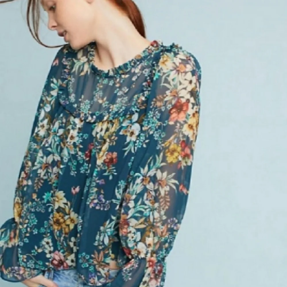 Anthropologie Eri + Ali Blue Boho Floral Velma Blouse Top Size Small Long Sleeve - Picture 2 of 11